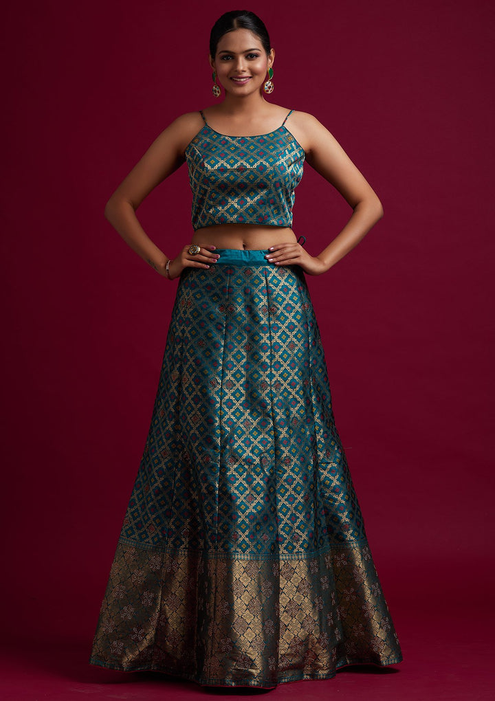 Rama Green Swarovski Banarasi Designer Semi-Stitched Lehenga - koskii