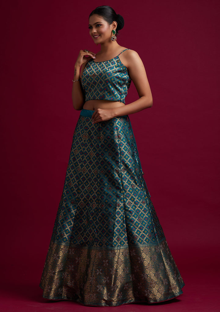 Rama Green Swarovski Banarasi Designer Semi-Stitched Lehenga - koskii