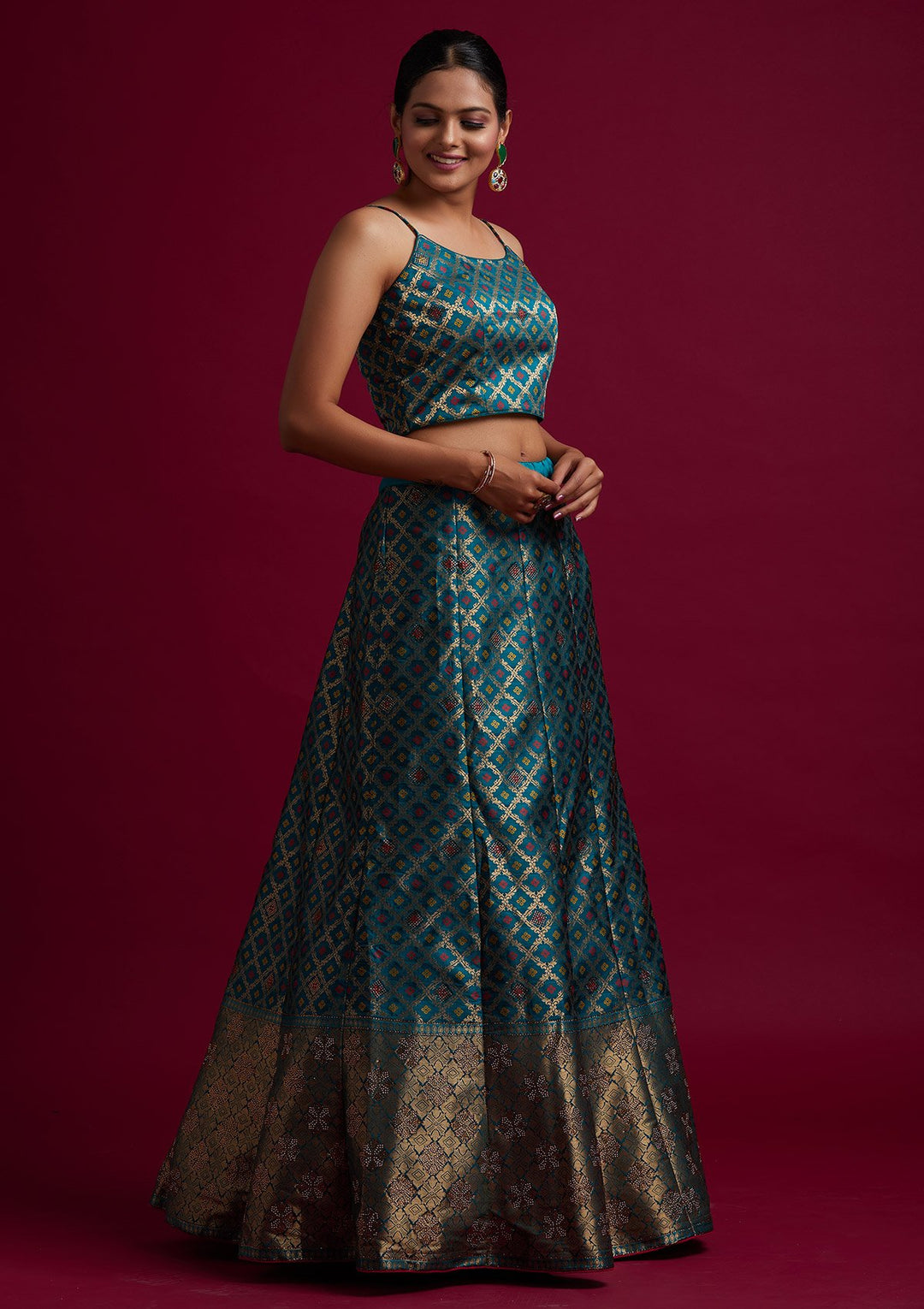 Rama Green Swarovski Banarasi Designer Semi-Stitched Lehenga - koskii