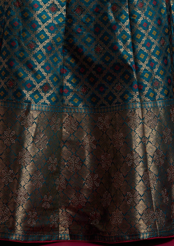 Rama Green Swarovski Banarasi Designer Semi-Stitched Lehenga - koskii