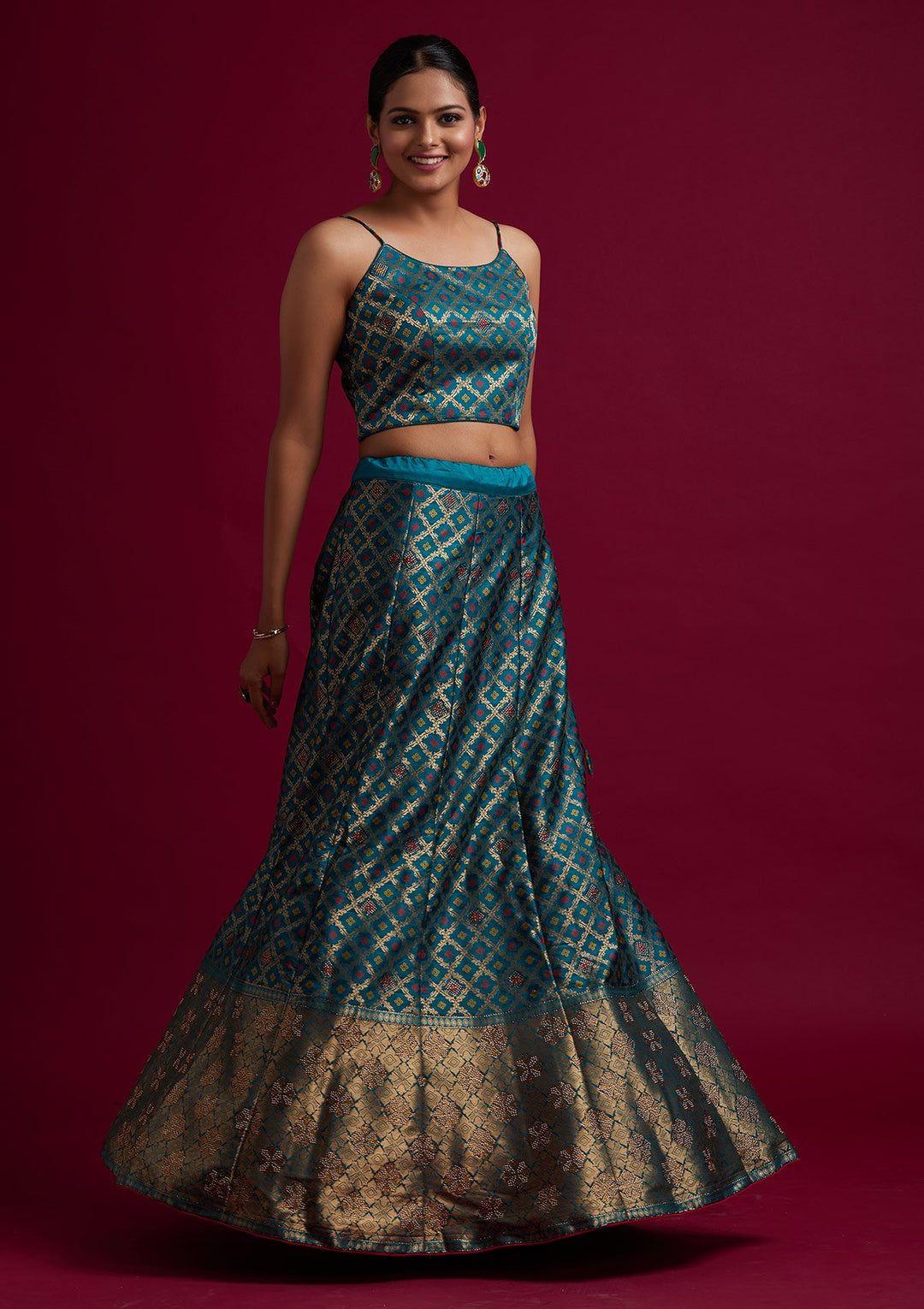 Rama Green Swarovski Banarasi Designer Semi-Stitched Lehenga - koskii