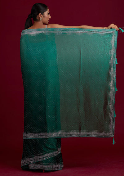 Rama Green Swarovski Semi Crepe Designer Saree - Koskii