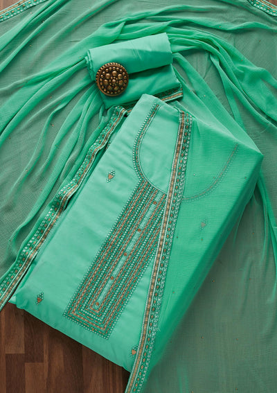 Rama Green Threadwork Chanderi Designer Unstitched Salwar Suit - Koskii