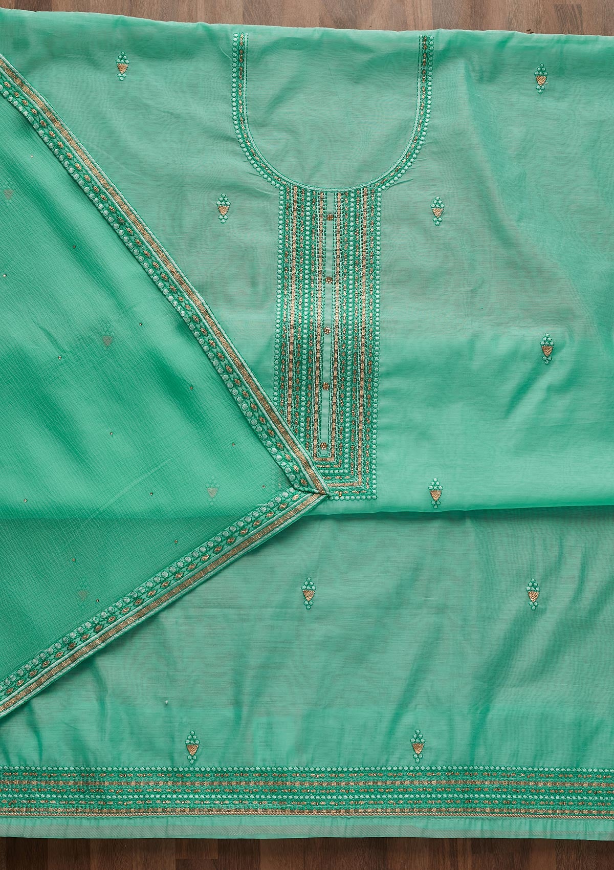 Rama Green Threadwork Chanderi Designer Unstitched Salwar Suit - Koskii