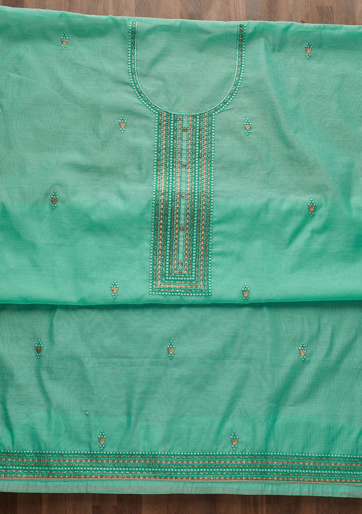 Rama Green Threadwork Chanderi Designer Unstitched Salwar Suit - Koskii