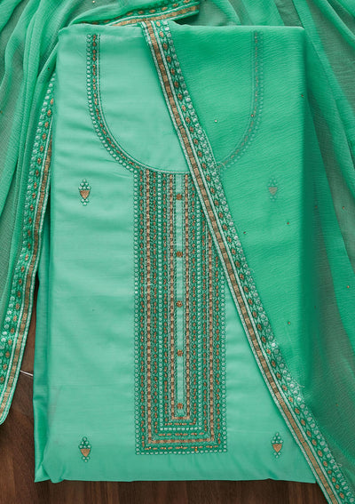 Rama Green Threadwork Chanderi Designer Unstitched Salwar Suit - Koskii