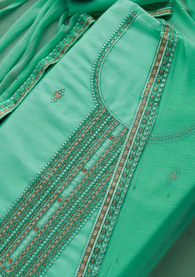 Rama Green Threadwork Chanderi Designer Unstitched Salwar Suit - Koskii