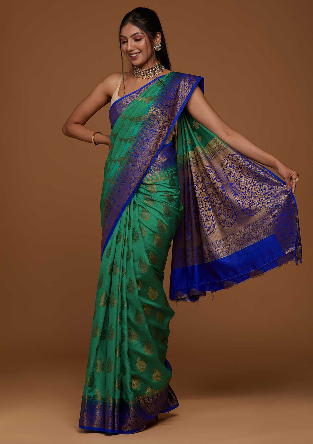 Rama Green Zariwork Art Silk Saree-Koskii