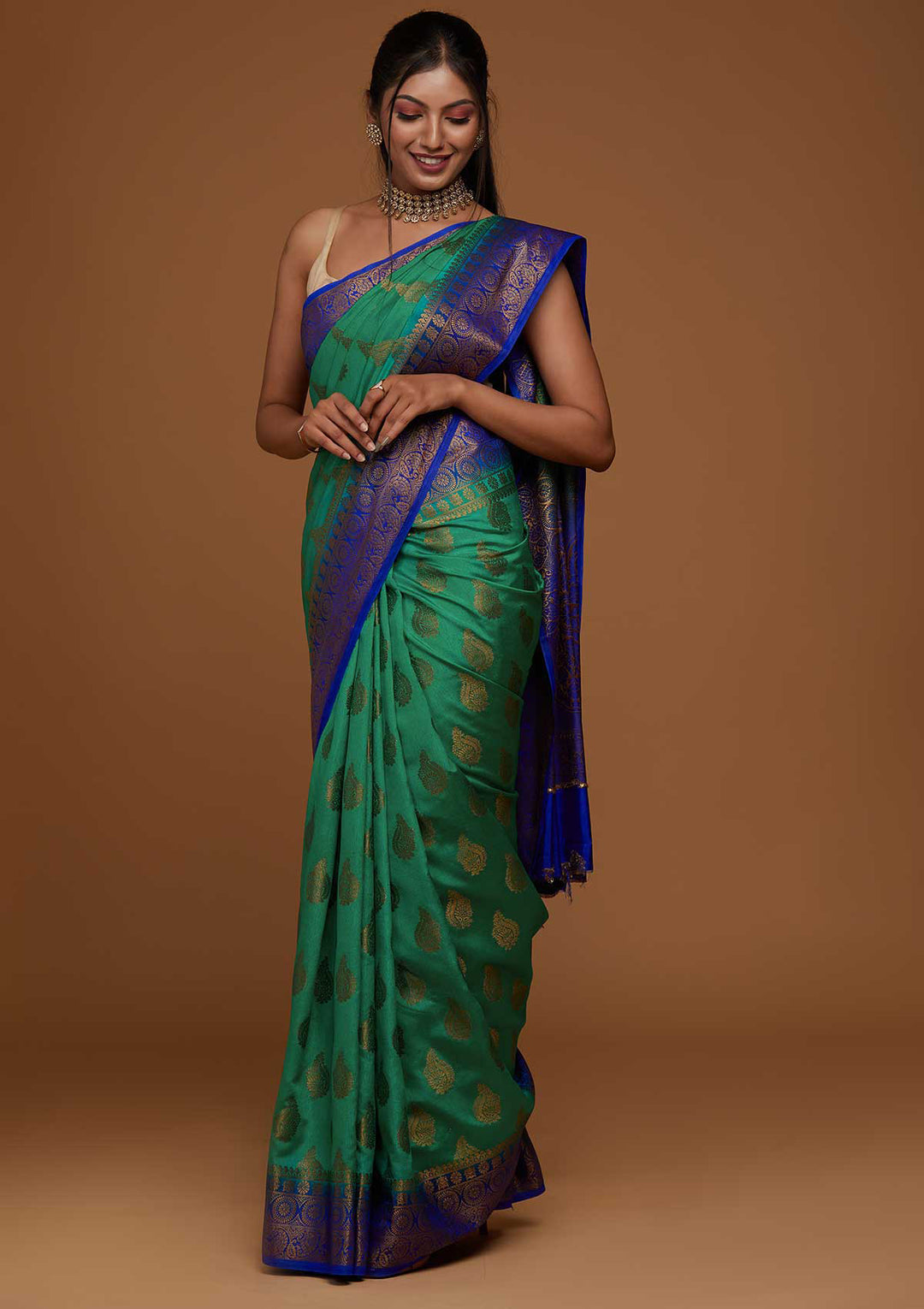 Rama Green Zariwork Art Silk Saree-Koskii