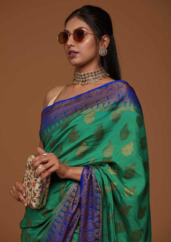 Rama Green Zariwork Art Silk Saree-Koskii