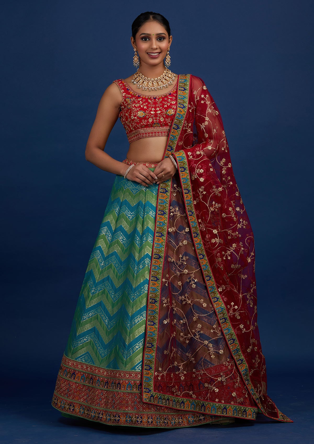 Rama Green Zariwork Banarasi Designer Semi-Stitched Lehenga - Koskii