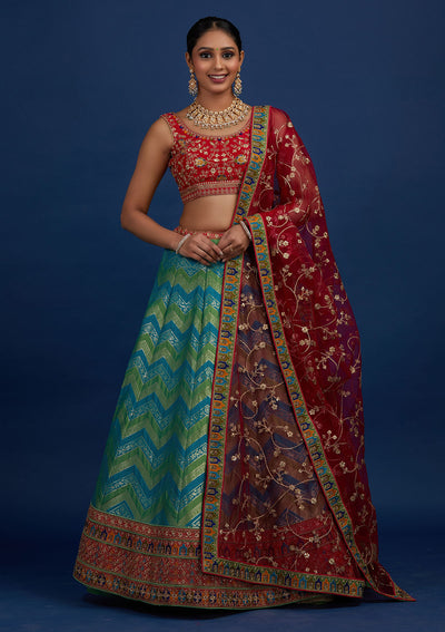 Rama Green Zariwork Banarasi Designer Semi-Stitched Lehenga - Koskii
