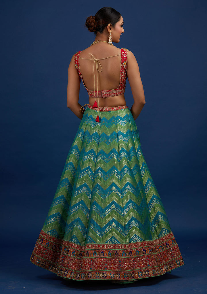 Rama Green Zariwork Banarasi Designer Semi-Stitched Lehenga - Koskii