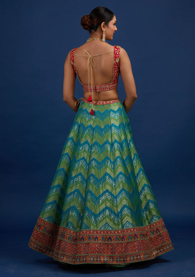 Rama Green Zariwork Banarasi Designer Semi-Stitched Lehenga - Koskii