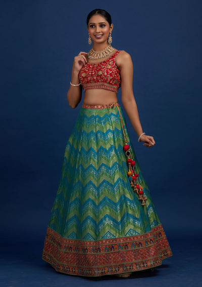 Rama Green Zariwork Banarasi Designer Semi-Stitched Lehenga - Koskii