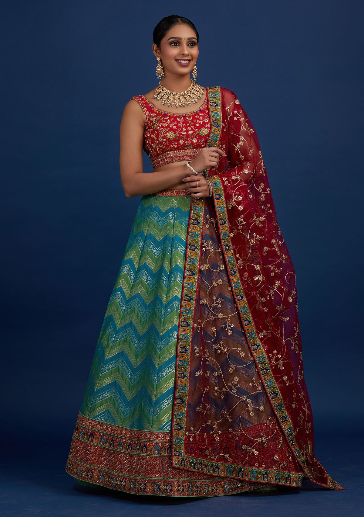 Rama Green Zariwork Banarasi Designer Semi-Stitched Lehenga - Koskii