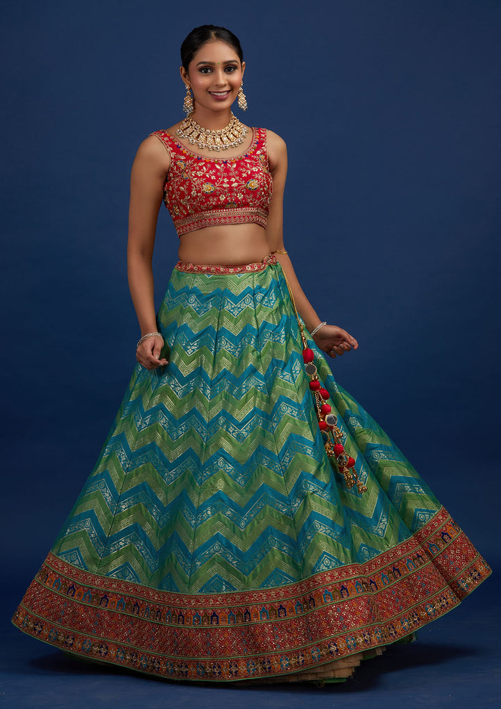 Rama Green Zariwork Banarasi Designer Semi-Stitched Lehenga - Koskii