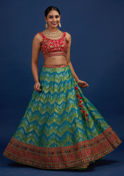 Rama Green Zariwork Banarasi Designer Semi-Stitched Lehenga - Koskii