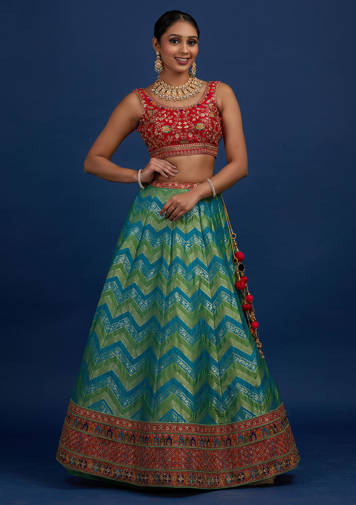 Rama Green Zariwork Banarasi Designer Semi-Stitched Lehenga - Koskii