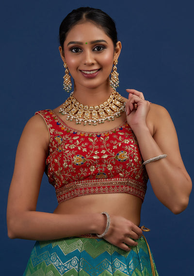 Rama Green Zariwork Banarasi Designer Semi-Stitched Lehenga - Koskii