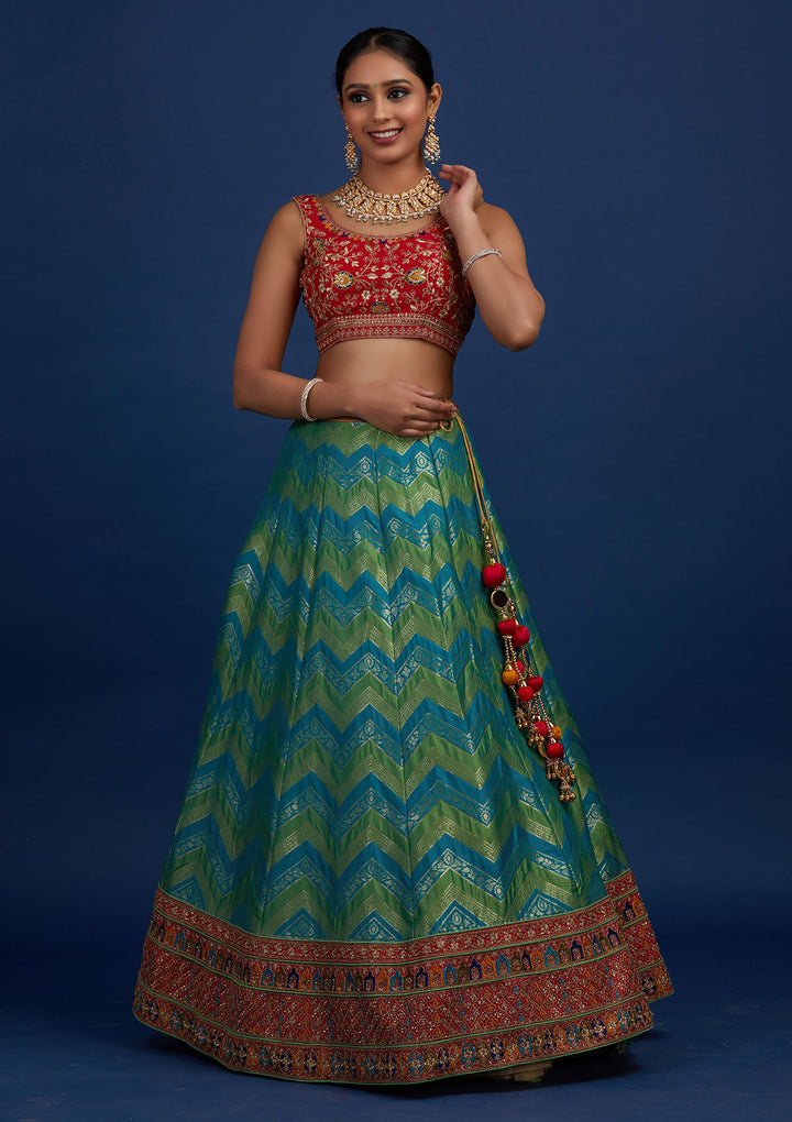Rama Green Zariwork Banarasi Designer Semi-Stitched Lehenga - Koskii