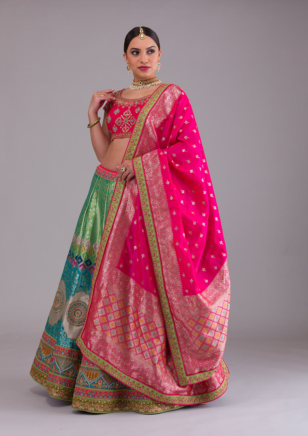 Rama Green Zariwork Banarasi Semi Stitched Lehenga-Koskii