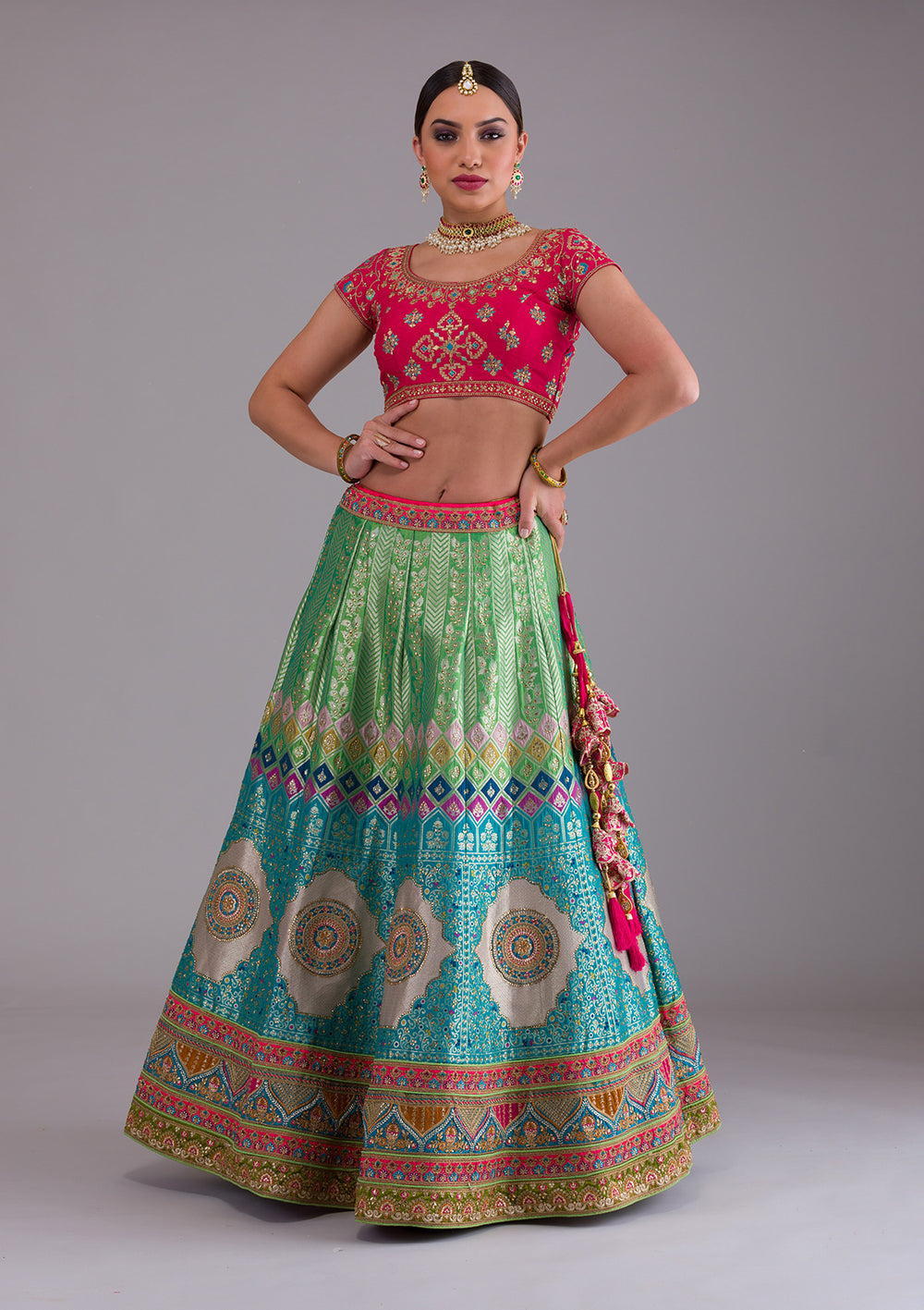 Rama Green Zariwork Banarasi Semi Stitched Lehenga-Koskii