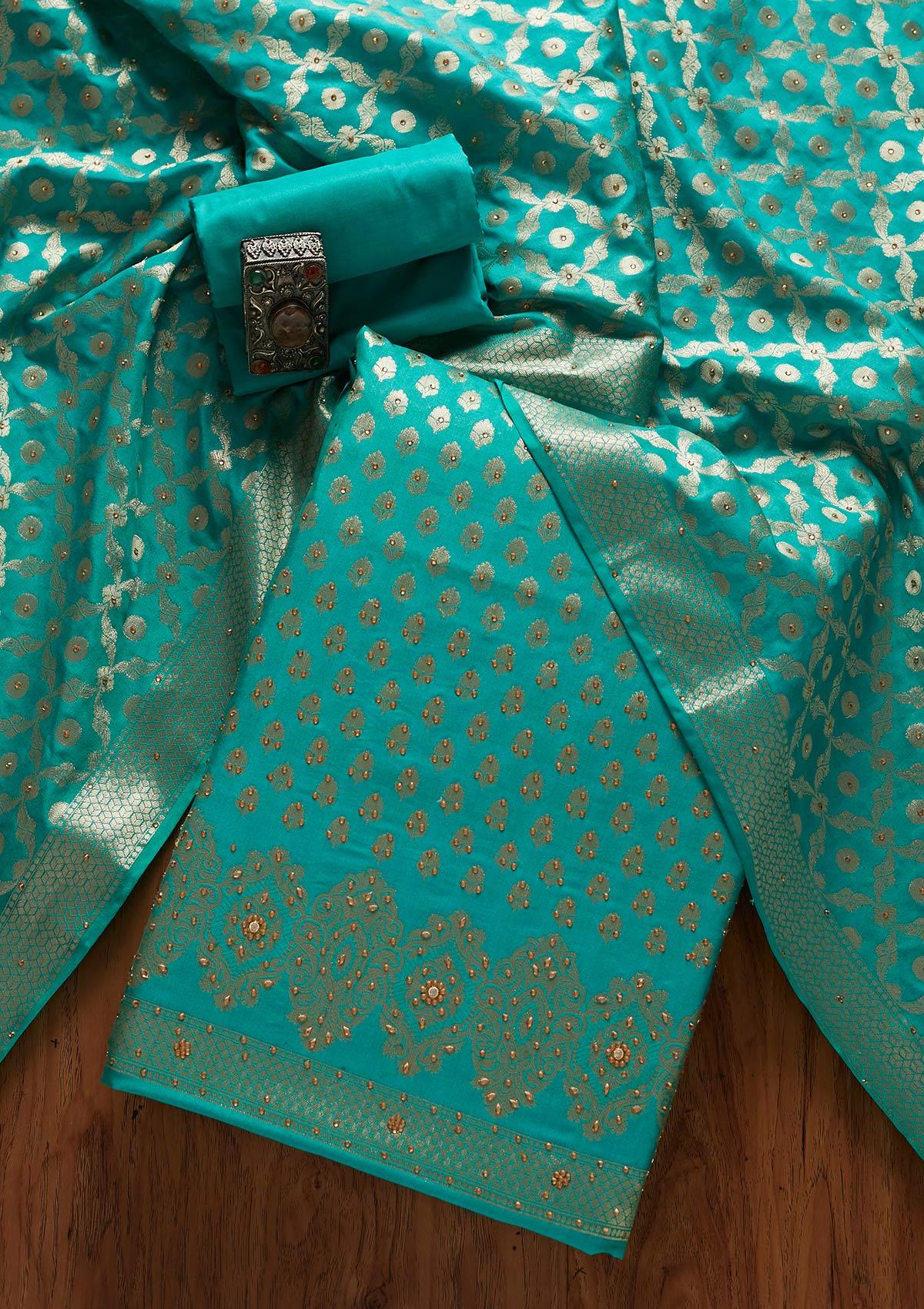 Rama Green Zariwork Banarasi Unstitched Salwar Suit - Koskii