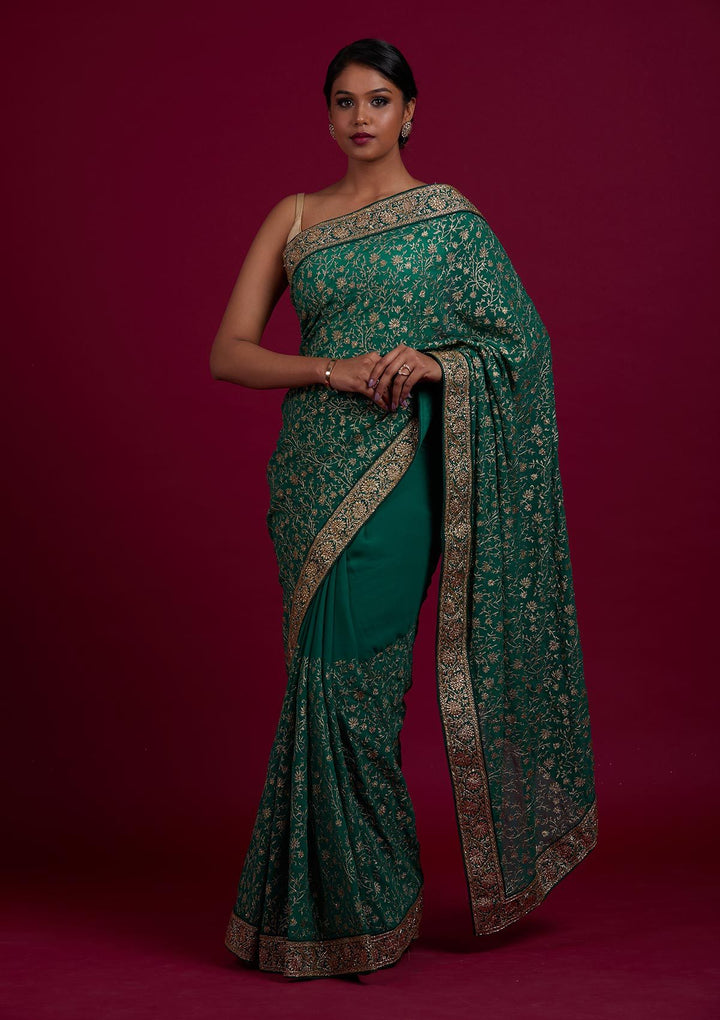 Rama Green Zariwork Georgette Designer Saree - Koskii