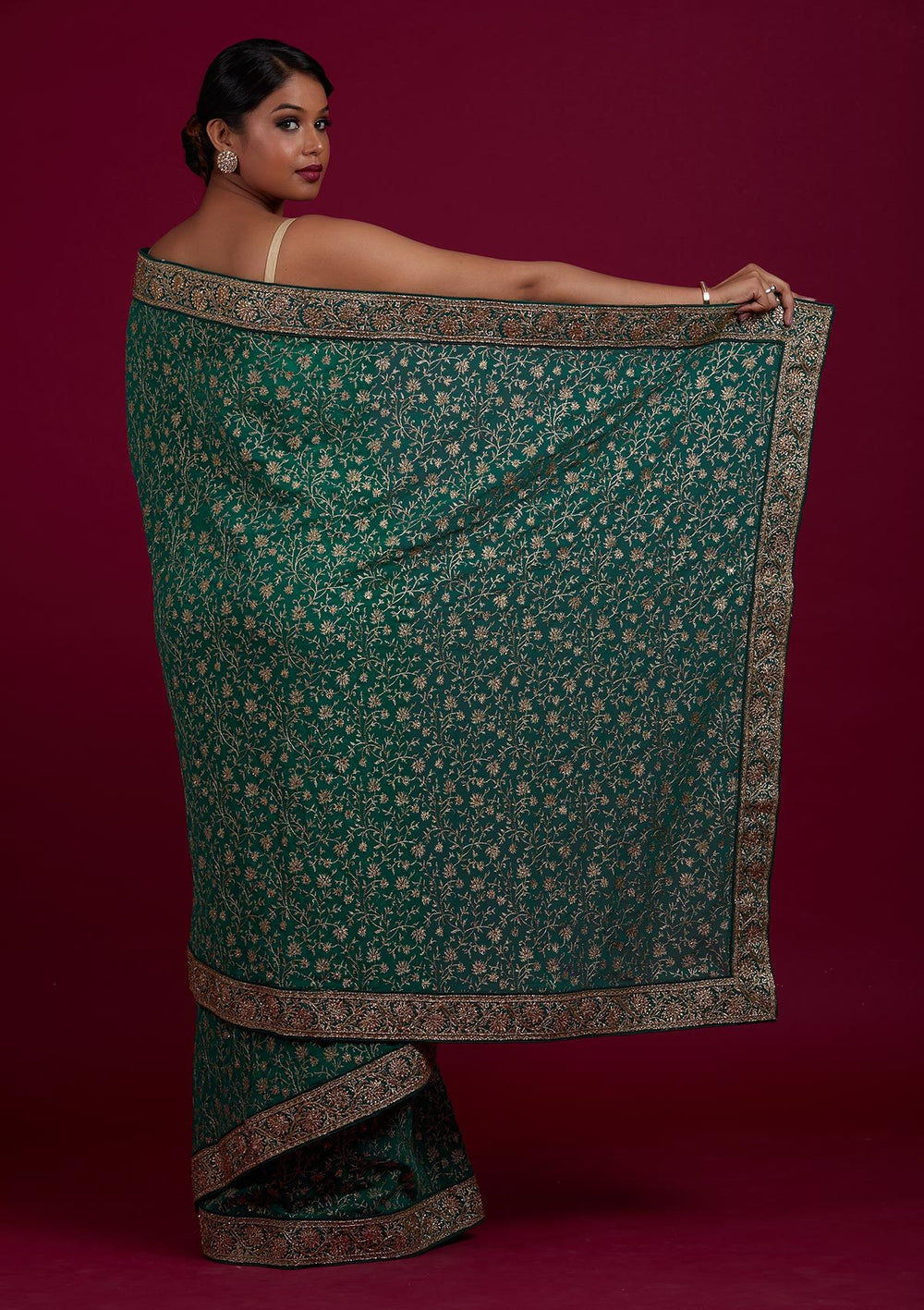 Rama Green Zariwork Georgette Designer Saree - Koskii