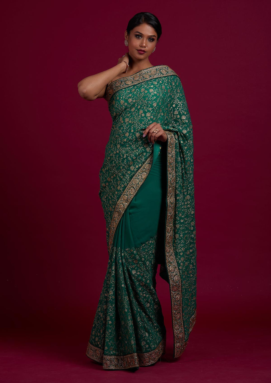 Rama Green Zariwork Georgette Designer Saree - Koskii