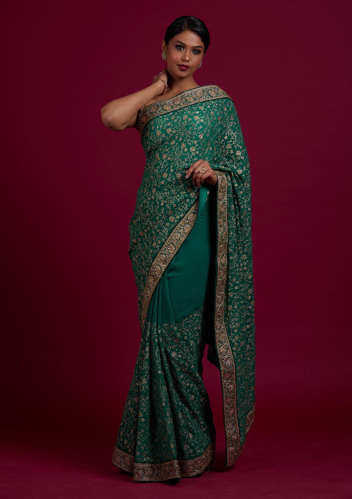 Rama Green Zariwork Georgette Designer Saree - Koskii