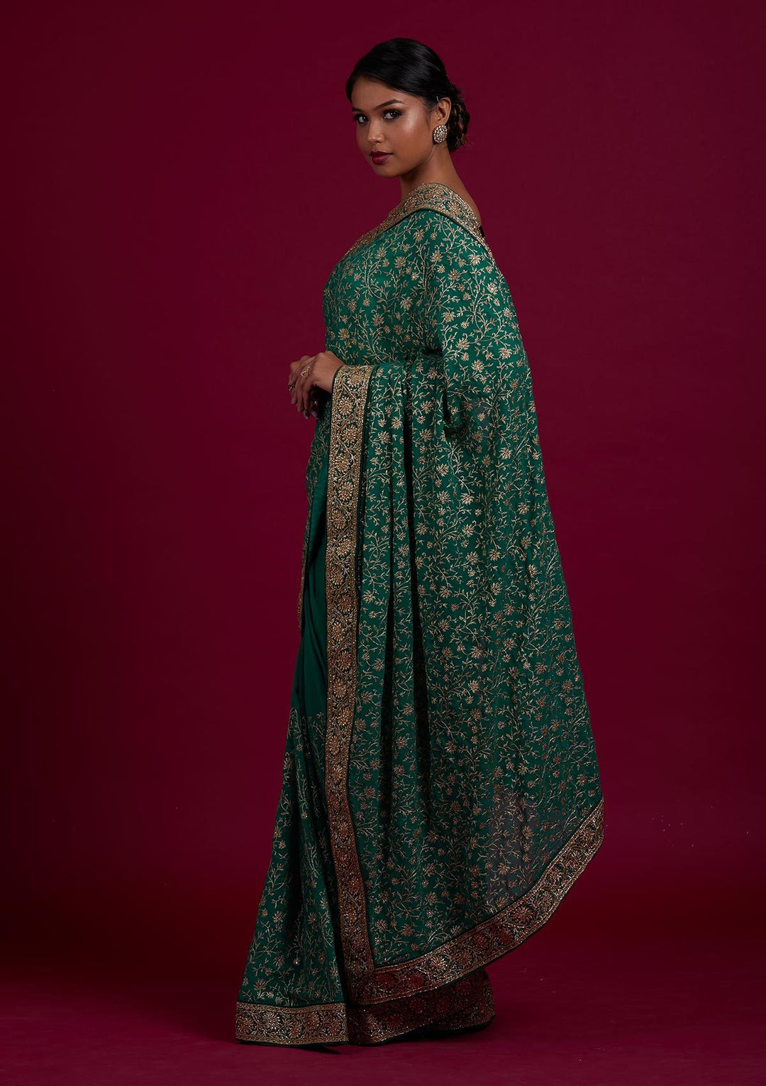 Rama Green Zariwork Georgette Designer Saree - Koskii