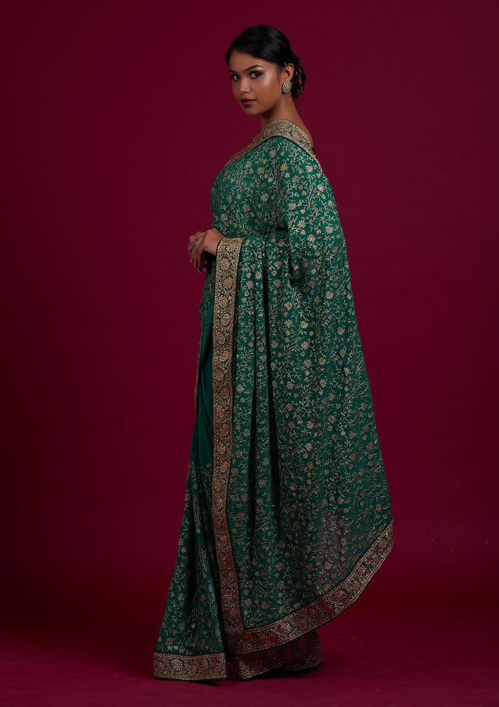 Rama Green Zariwork Georgette Designer Saree - Koskii