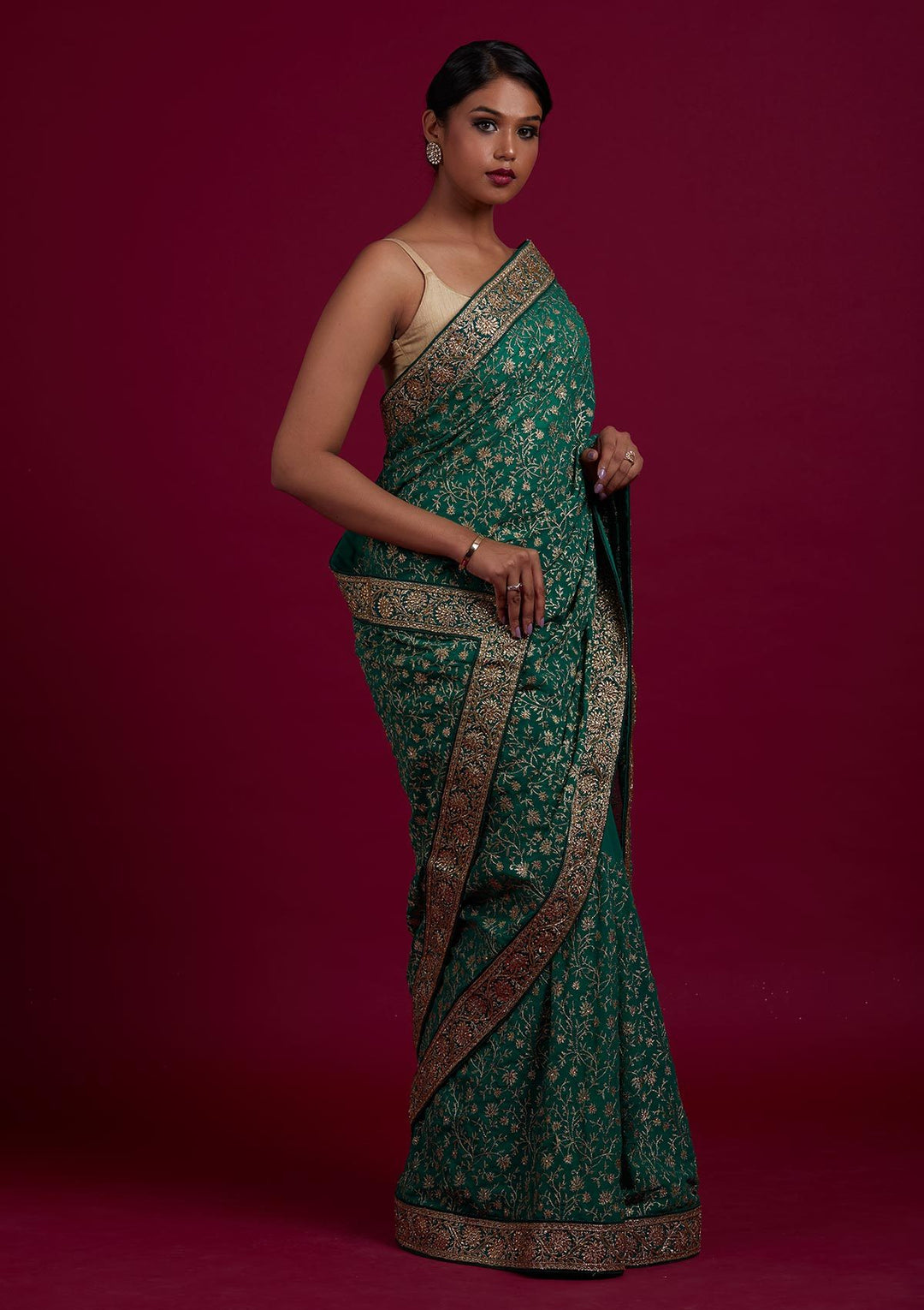 Rama Green Zariwork Georgette Designer Saree - Koskii