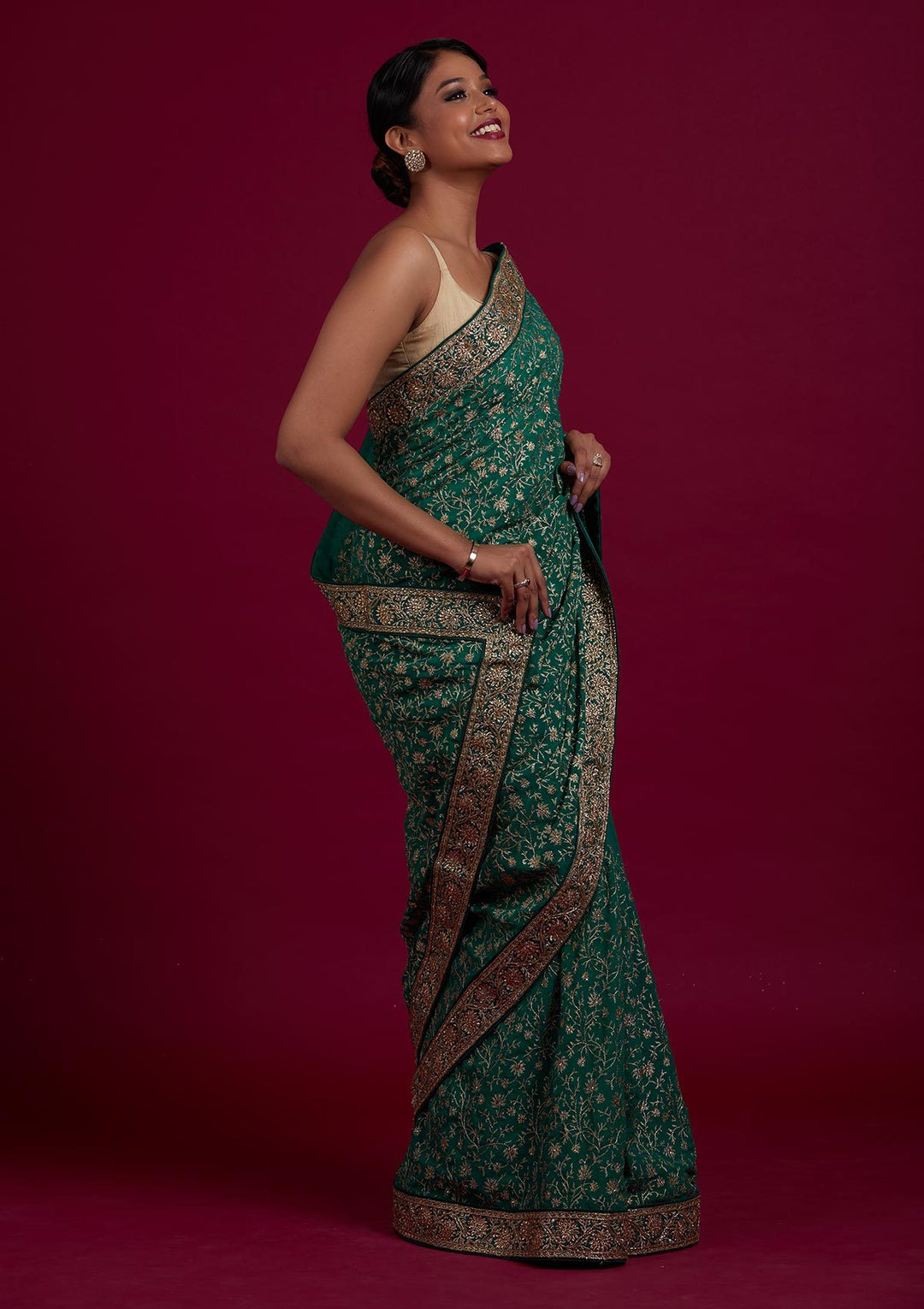 Rama Green Zariwork Georgette Designer Saree - Koskii