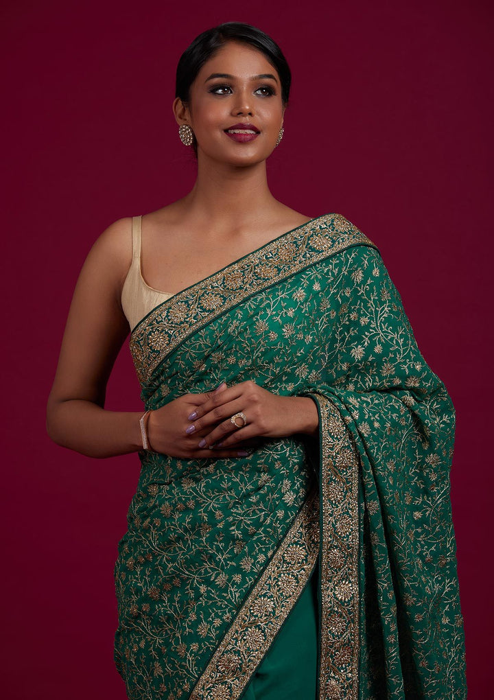 Rama Green Zariwork Georgette Designer Saree - Koskii