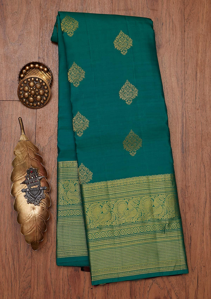Rama Green Zariwork Pure Silk Designer Unstitched Saree - Koskii