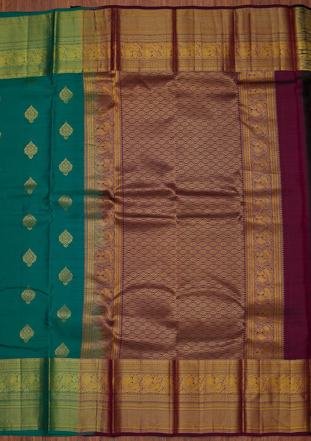 Rama Green Zariwork Pure Silk Designer Unstitched Saree - Koskii