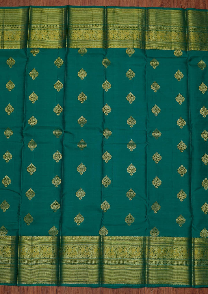 Rama Green Zariwork Pure Silk Designer Unstitched Saree - Koskii