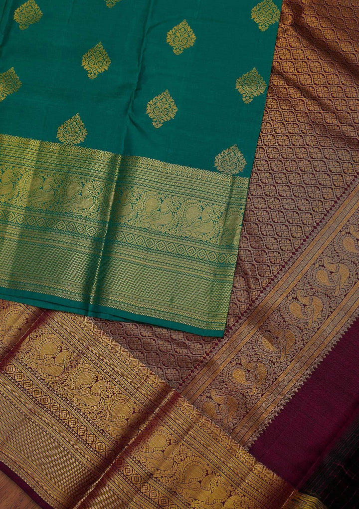 Rama Green Zariwork Pure Silk Designer Unstitched Saree - Koskii