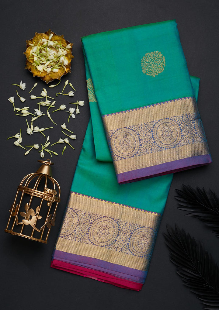 Rama Green Zariwork Pure Silk Designer Saree - Koskii