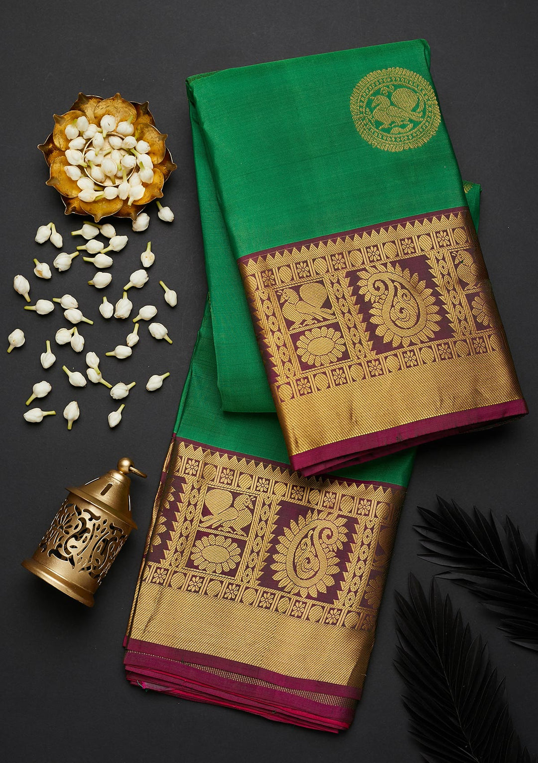 Rama Green Zariwork Pure Silk Designer Saree - Koskii