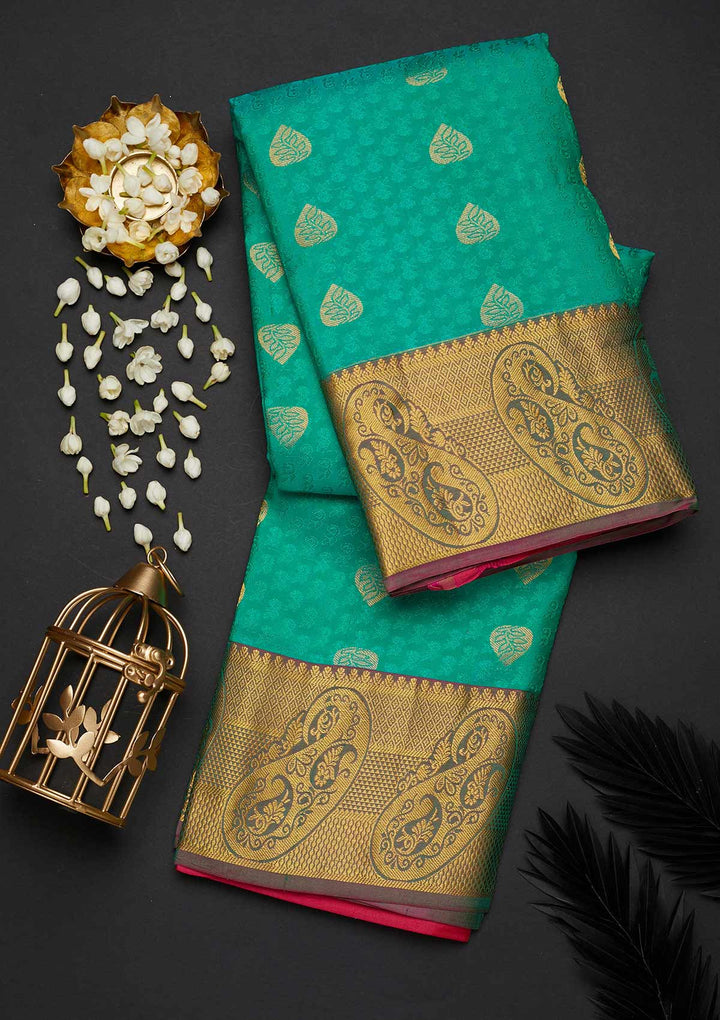 Rama Green Zariwork Pure Silk Designer Saree - Koskii