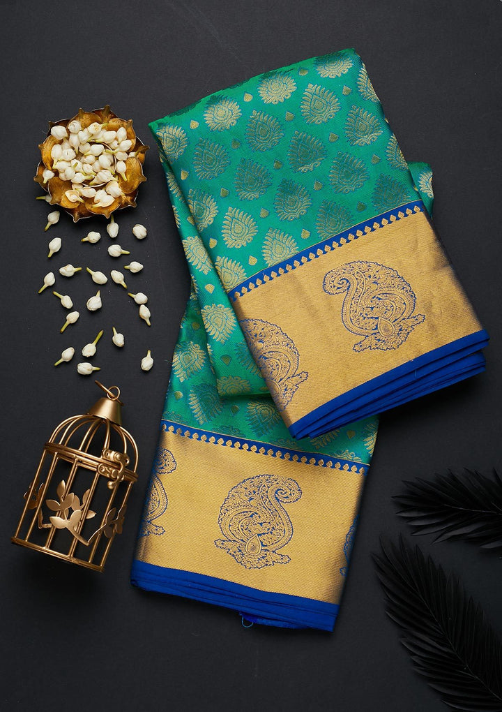 Rama Green Zariwork Pure Silk Designer Saree - Koskii