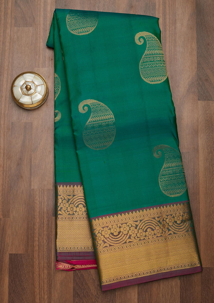 Rama Green Zariwork Pure Silk Saree-Koskii