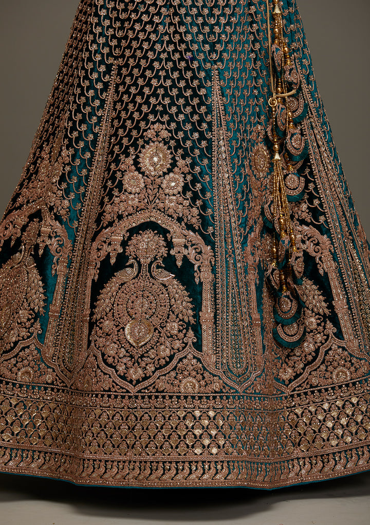 Rama Green Zariwork Velvet Designer Semi-Stitched Lehenga - Koskii