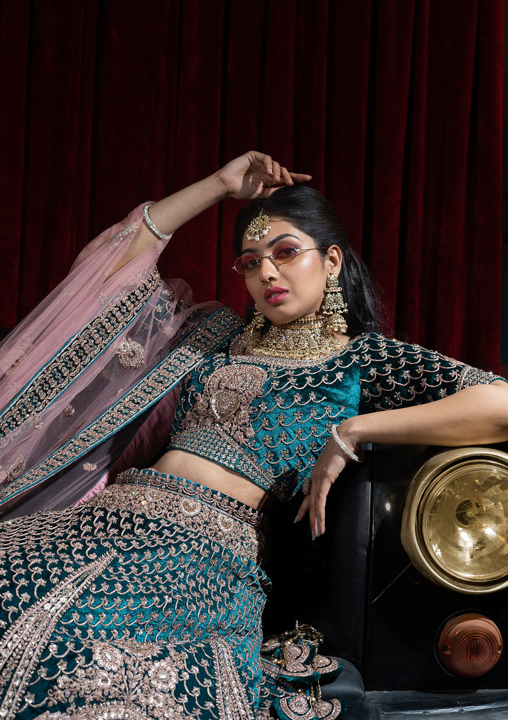 Rama Green Zariwork Velvet Designer Semi-Stitched Lehenga - Koskii