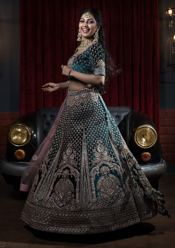 Rama Green Zariwork Velvet Designer Semi-Stitched Lehenga- Koskii
