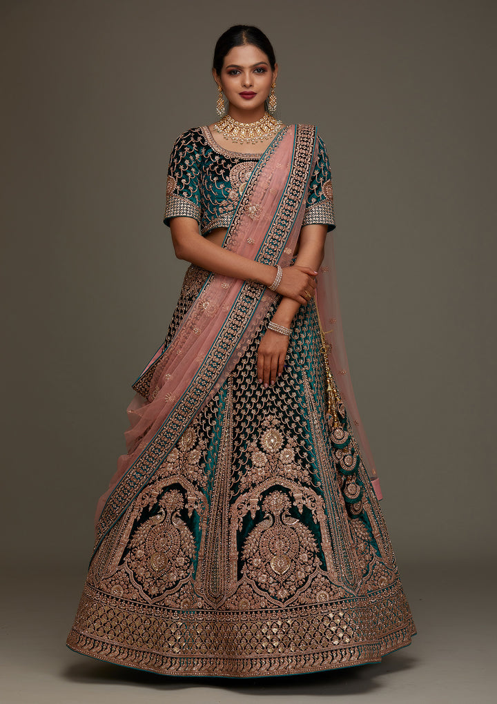 Rama Green Zariwork Velvet Designer Semi-Stitched Lehenga - Koskii
